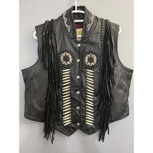 Sunriders Hand Beaded Black Leather Vest Women’s XXL 2XL Biker Motorcycle Bone